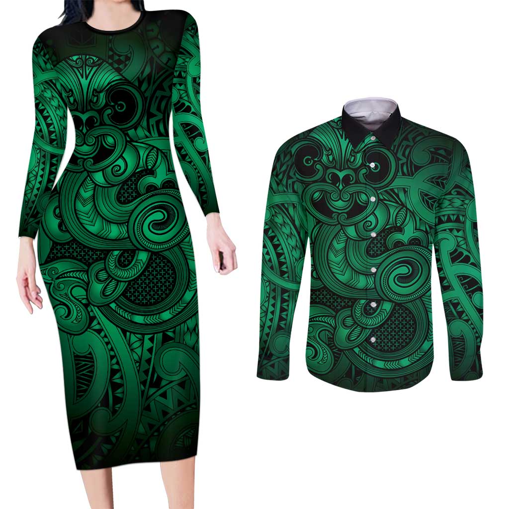 Aotearoa Maori Hei Tiki Couples Matching Long Sleeve Bodycon Dress and Long Sleeve Button Shirt Kakariki Kowhaiwhai Puhoro Motif