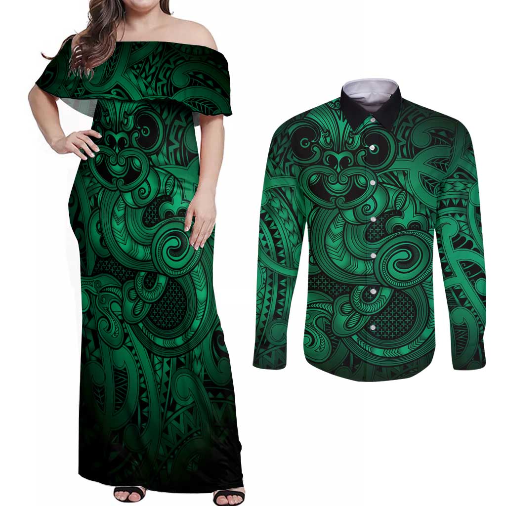 Aotearoa Maori Hei Tiki Couples Matching Off Shoulder Maxi Dress and Long Sleeve Button Shirt Kakariki Kowhaiwhai Puhoro Motif