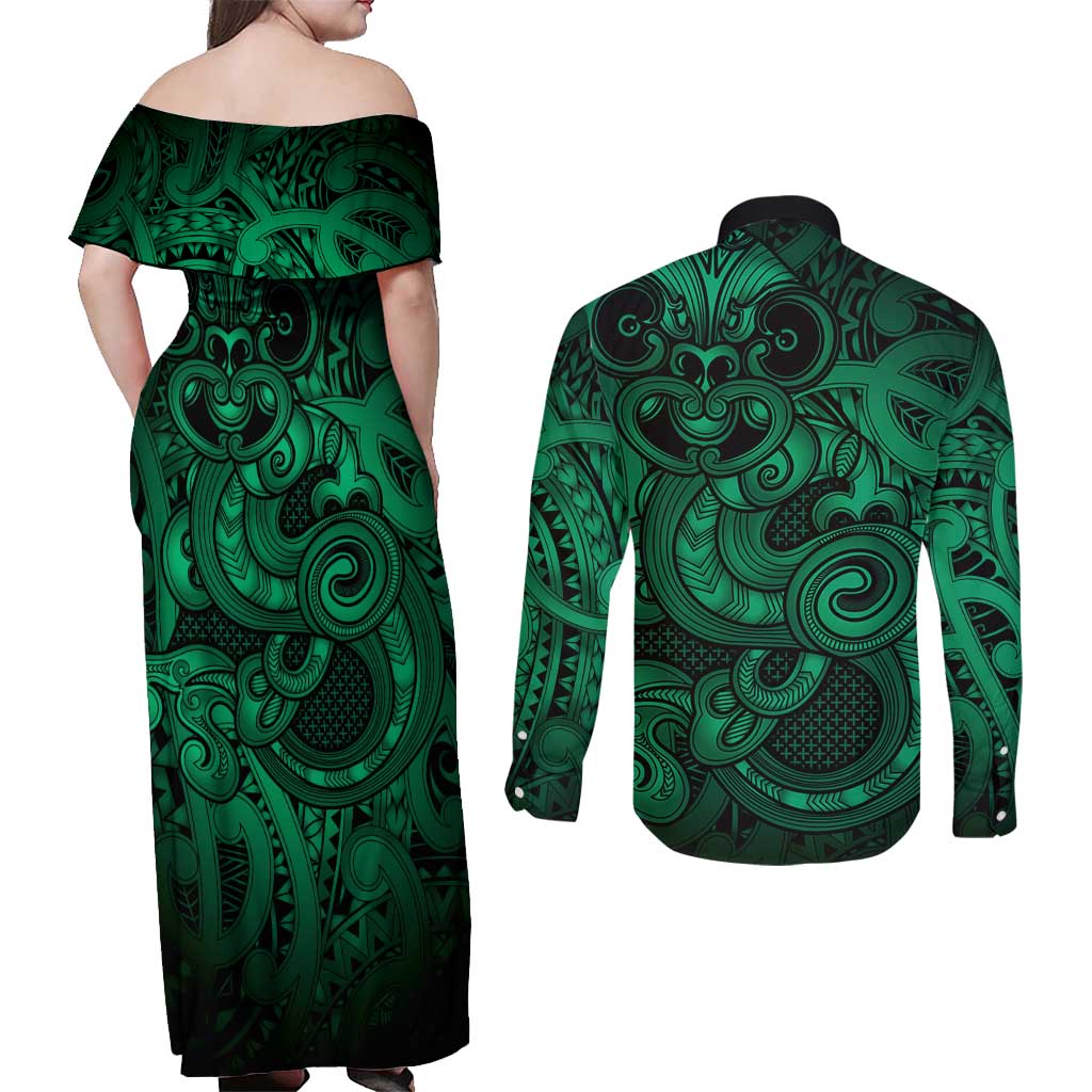 Aotearoa Maori Hei Tiki Couples Matching Off Shoulder Maxi Dress and Long Sleeve Button Shirt Kakariki Kowhaiwhai Puhoro Motif