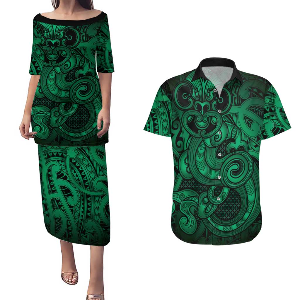 Aotearoa Maori Hei Tiki Couples Matching Puletasi and Hawaiian Shirt Kakariki Kowhaiwhai Puhoro Motif