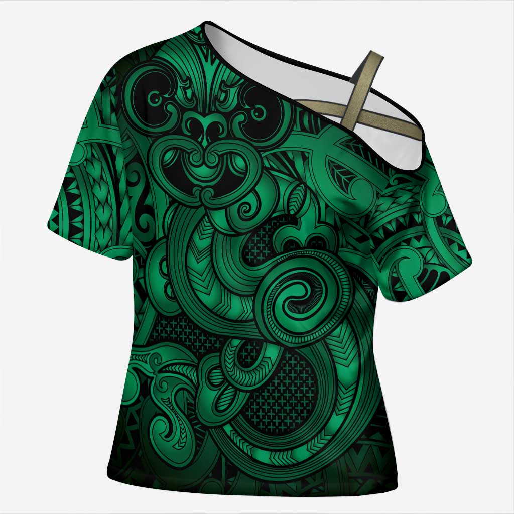 Aotearoa Maori Hei Tiki Cross Shoulder Shirt Kakariki Kowhaiwhai Puhoro Motif