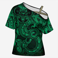 Aotearoa Maori Hei Tiki Cross Shoulder Shirt Kakariki Kowhaiwhai Puhoro Motif
