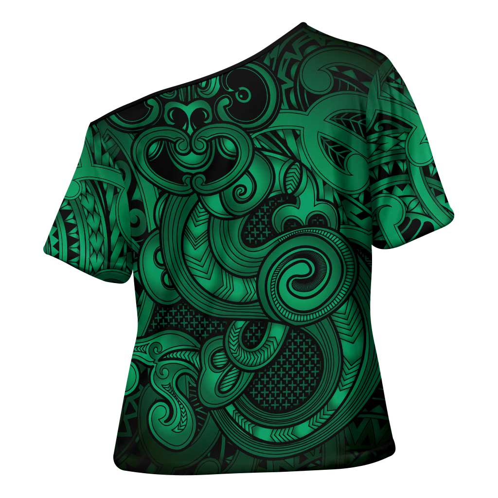 Aotearoa Maori Hei Tiki Cross Shoulder Shirt Kakariki Kowhaiwhai Puhoro Motif