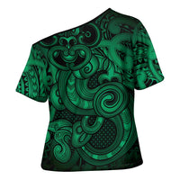 Aotearoa Maori Hei Tiki Cross Shoulder Shirt Kakariki Kowhaiwhai Puhoro Motif