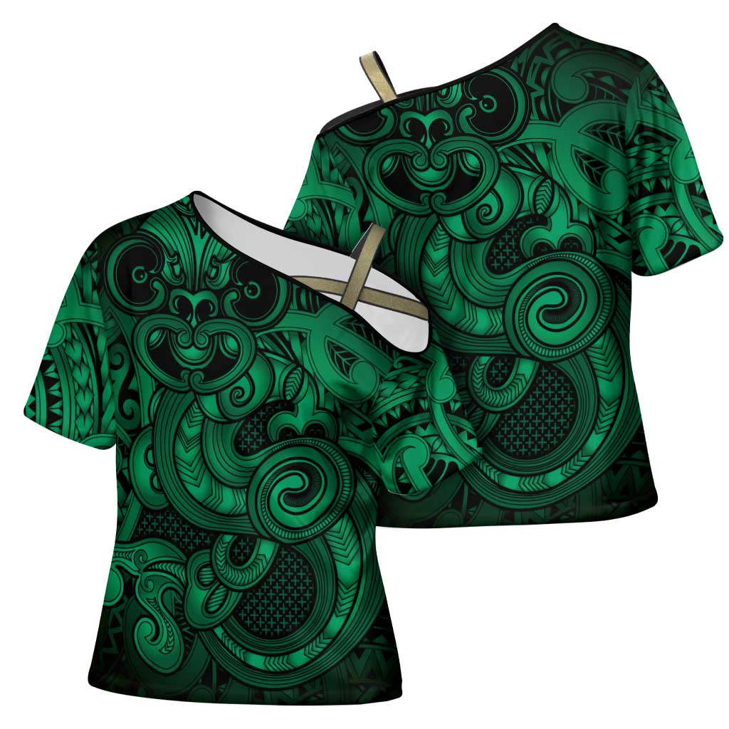 Aotearoa Maori Hei Tiki Cross Shoulder Shirt Kakariki Kowhaiwhai Puhoro Motif