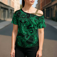 Aotearoa Maori Hei Tiki Cross Shoulder Shirt Kakariki Kowhaiwhai Puhoro Motif