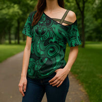 Aotearoa Maori Hei Tiki Cross Shoulder Shirt Kakariki Kowhaiwhai Puhoro Motif