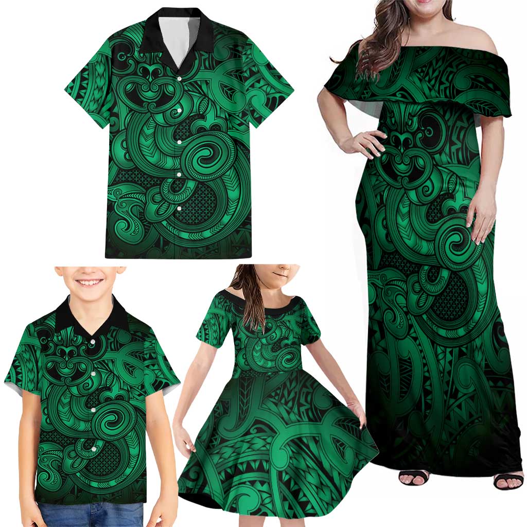 Aotearoa Maori Hei Tiki Family Matching Off Shoulder Maxi Dress and Hawaiian Shirt Kakariki Kowhaiwhai Puhoro Motif