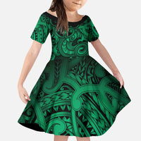 Aotearoa Maori Hei Tiki Family Matching Off Shoulder Short Dress and Hawaiian Shirt Kakariki Kowhaiwhai Puhoro Motif