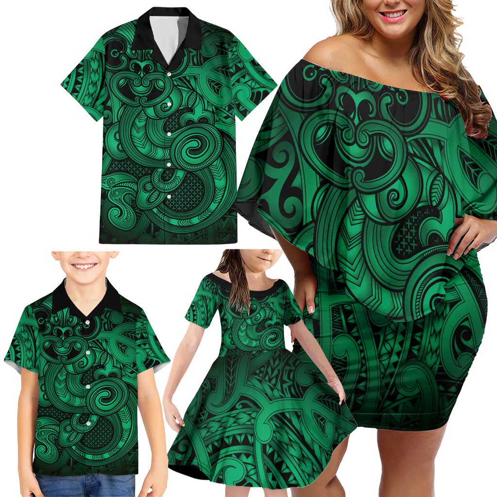 Aotearoa Maori Hei Tiki Family Matching Off Shoulder Short Dress and Hawaiian Shirt Kakariki Kowhaiwhai Puhoro Motif