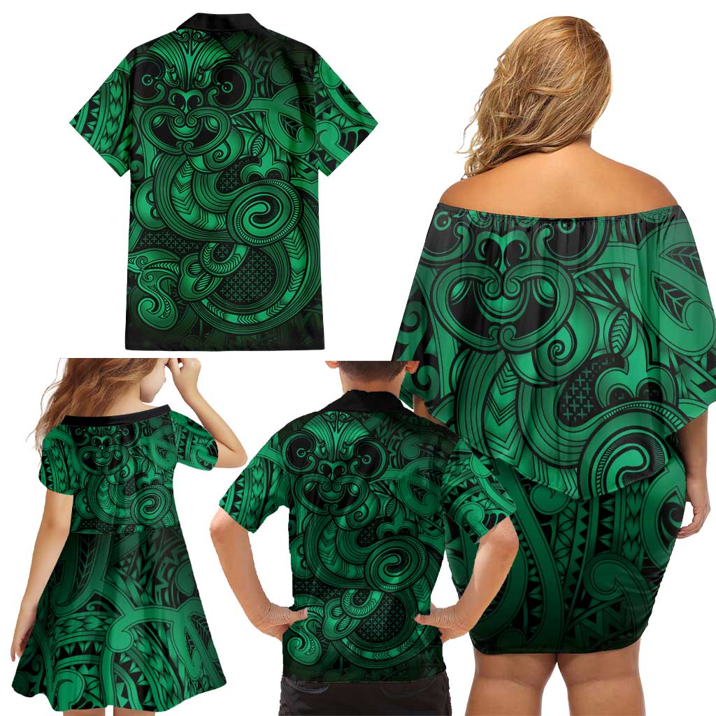 Aotearoa Maori Hei Tiki Family Matching Off Shoulder Short Dress and Hawaiian Shirt Kakariki Kowhaiwhai Puhoro Motif