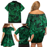 Aotearoa Maori Hei Tiki Family Matching Off Shoulder Short Dress and Hawaiian Shirt Kakariki Kowhaiwhai Puhoro Motif