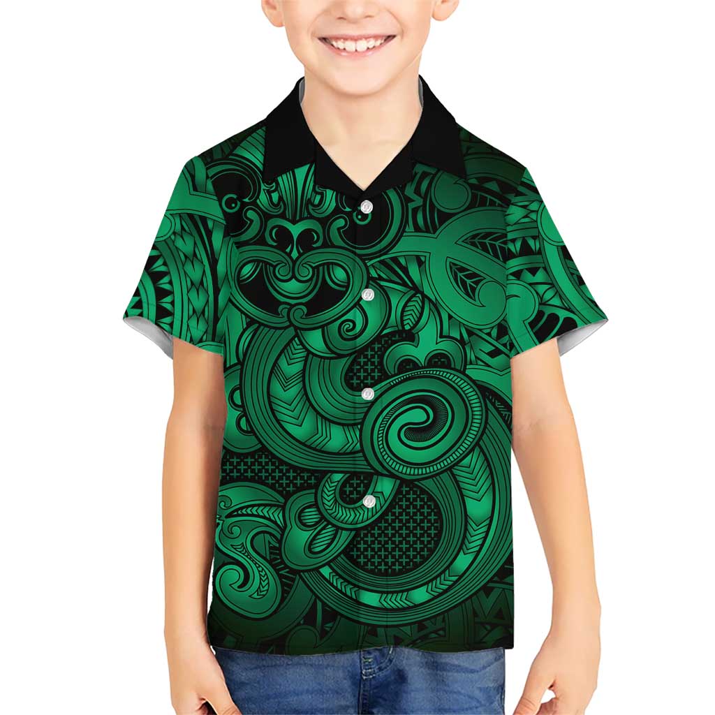Aotearoa Maori Hei Tiki Family Matching Off Shoulder Short Dress and Hawaiian Shirt Kakariki Kowhaiwhai Puhoro Motif