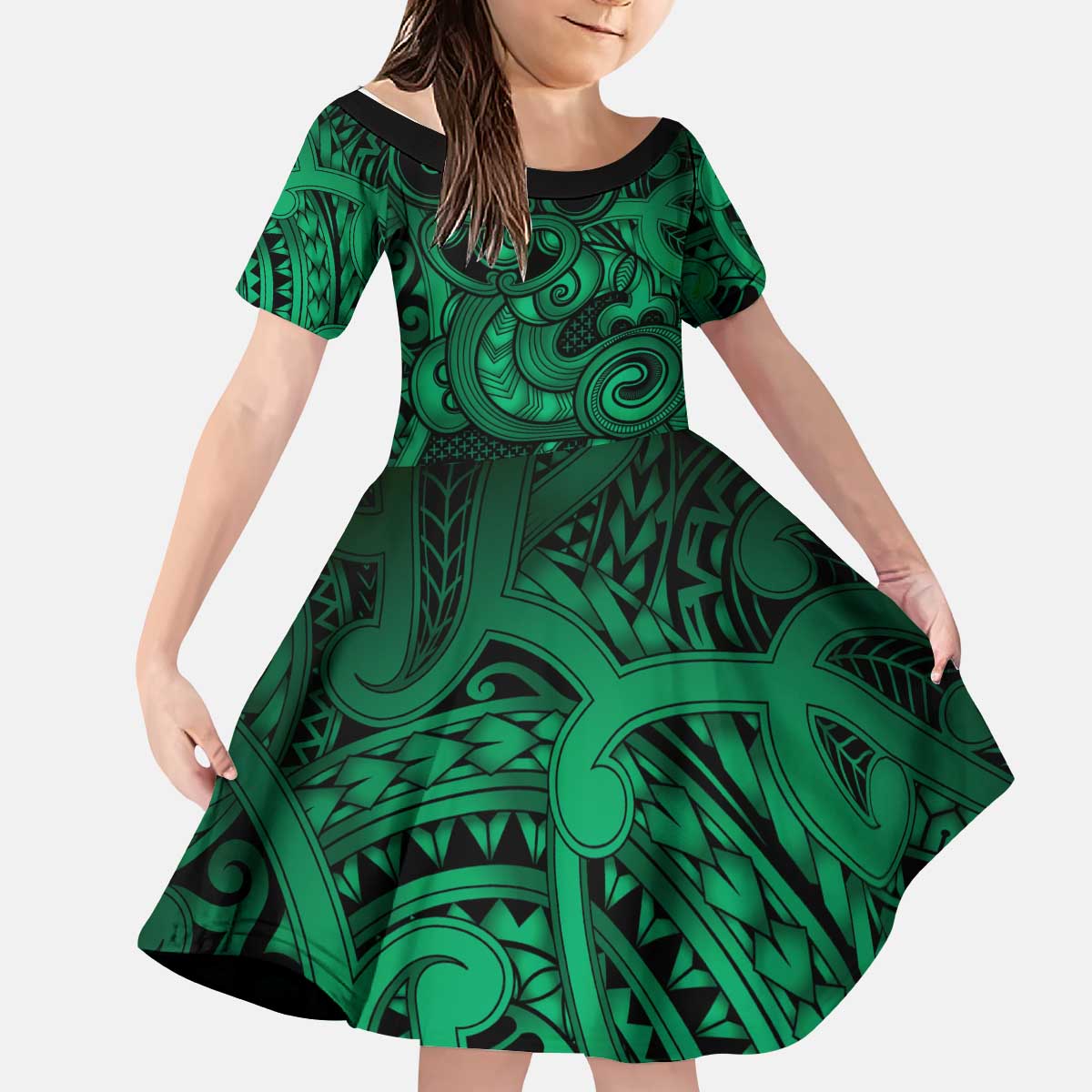 Aotearoa Maori Hei Tiki Kid Short Sleeve Dress Kakariki Kowhaiwhai Puhoro Motif