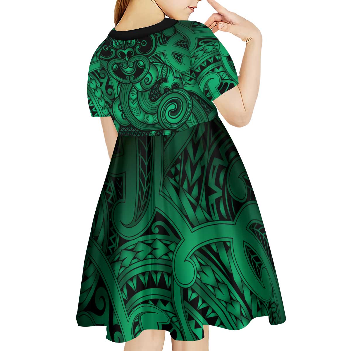 Aotearoa Maori Hei Tiki Kid Short Sleeve Dress Kakariki Kowhaiwhai Puhoro Motif
