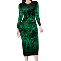 Aotearoa Maori Hei Tiki Long Sleeve Bodycon Dress Kakariki Kowhaiwhai Puhoro Motif