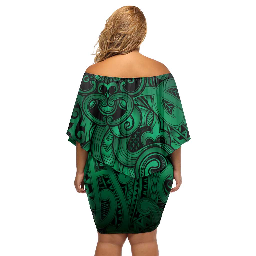 Aotearoa Maori Hei Tiki Off Shoulder Short Dress Kakariki Kowhaiwhai Puhoro Motif