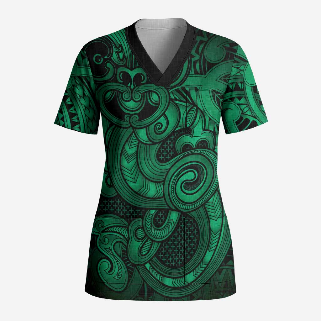 Aotearoa Maori Hei Tiki Scrub Top Kakariki Kowhaiwhai Puhoro Motif