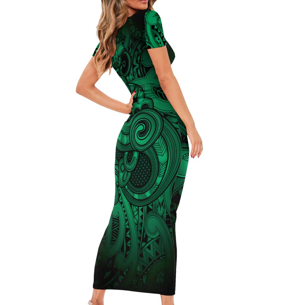 Aotearoa Maori Hei Tiki Short Sleeve Bodycon Dress Kakariki Kowhaiwhai Puhoro Motif