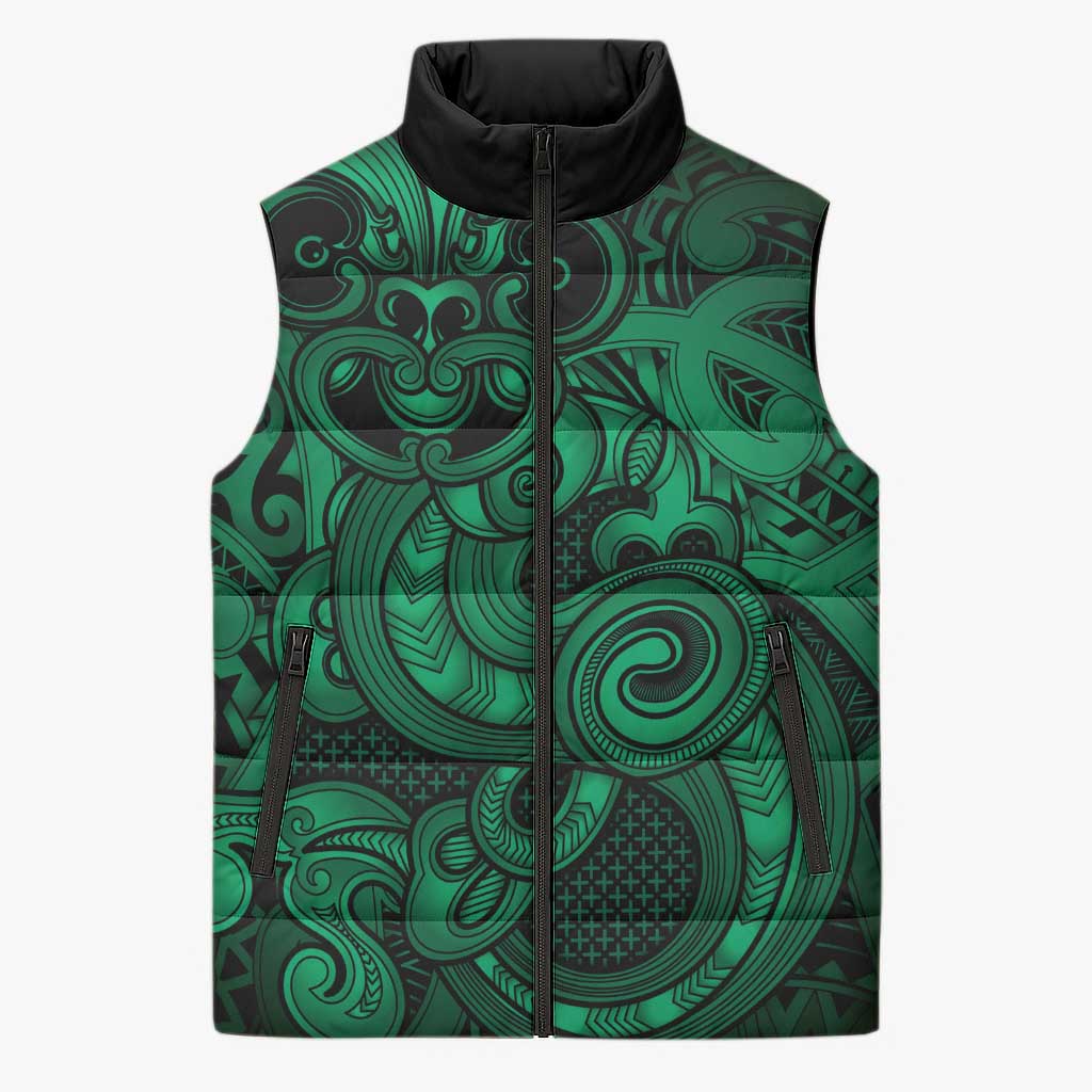 Aotearoa Maori Hei Tiki Sleeveless Puffer Jacket Kakariki Kowhaiwhai Puhoro Motif