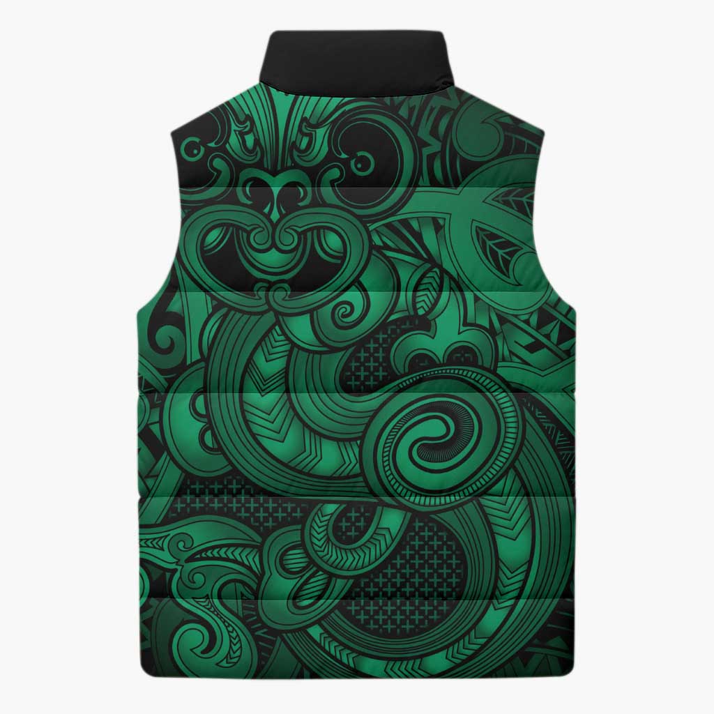 Aotearoa Maori Hei Tiki Sleeveless Puffer Jacket Kakariki Kowhaiwhai Puhoro Motif