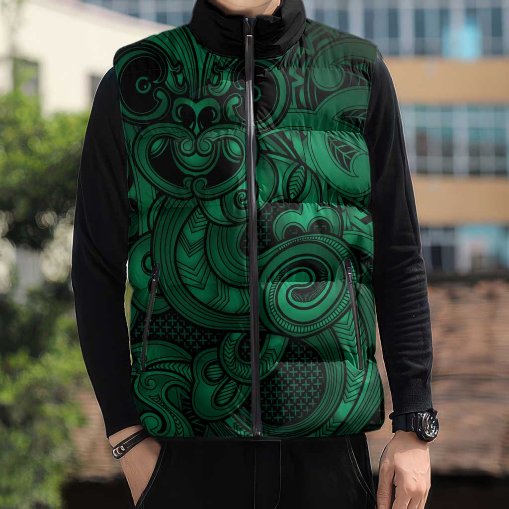 Aotearoa Maori Hei Tiki Sleeveless Puffer Jacket Kakariki Kowhaiwhai Puhoro Motif