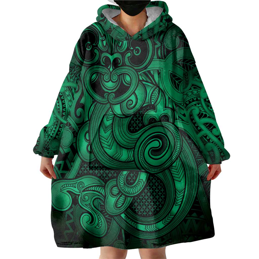 Aotearoa Maori Hei Tiki Wearable Blanket Hoodie Kakariki Kowhaiwhai Puhoro Motif