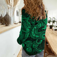 Aotearoa Maori Hei Tiki Women Casual Shirt Kakariki Kowhaiwhai Puhoro Motif