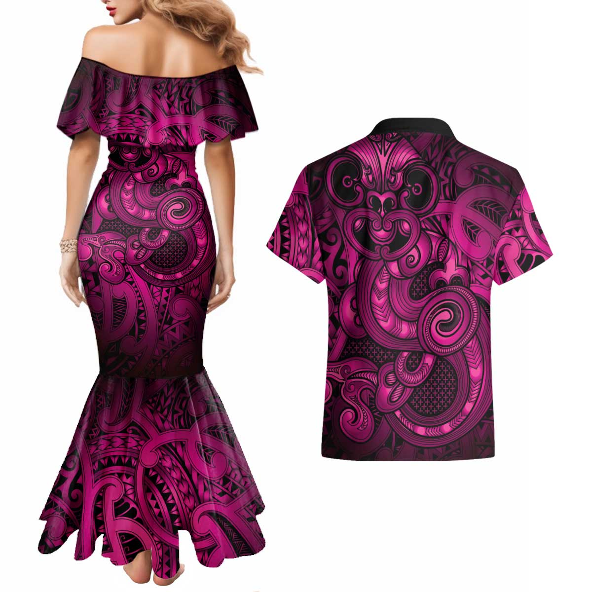 Aotearoa Maori Hei Tiki Couples Matching Mermaid Dress and Hawaiian Shirt Mawhero Kowhaiwhai Puhoro Motif