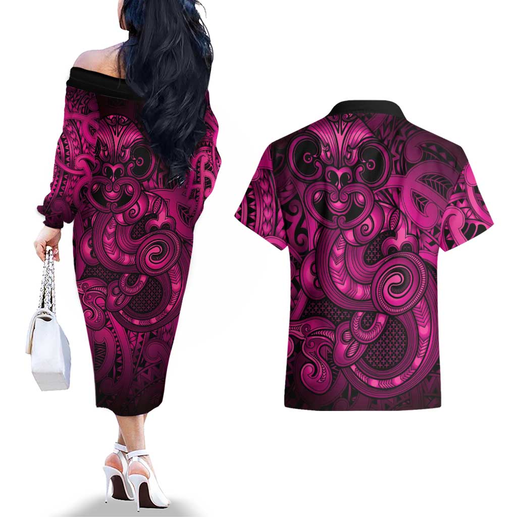 Aotearoa Maori Hei Tiki Couples Matching Off The Shoulder Long Sleeve Dress and Hawaiian Shirt Mawhero Kowhaiwhai Puhoro Motif