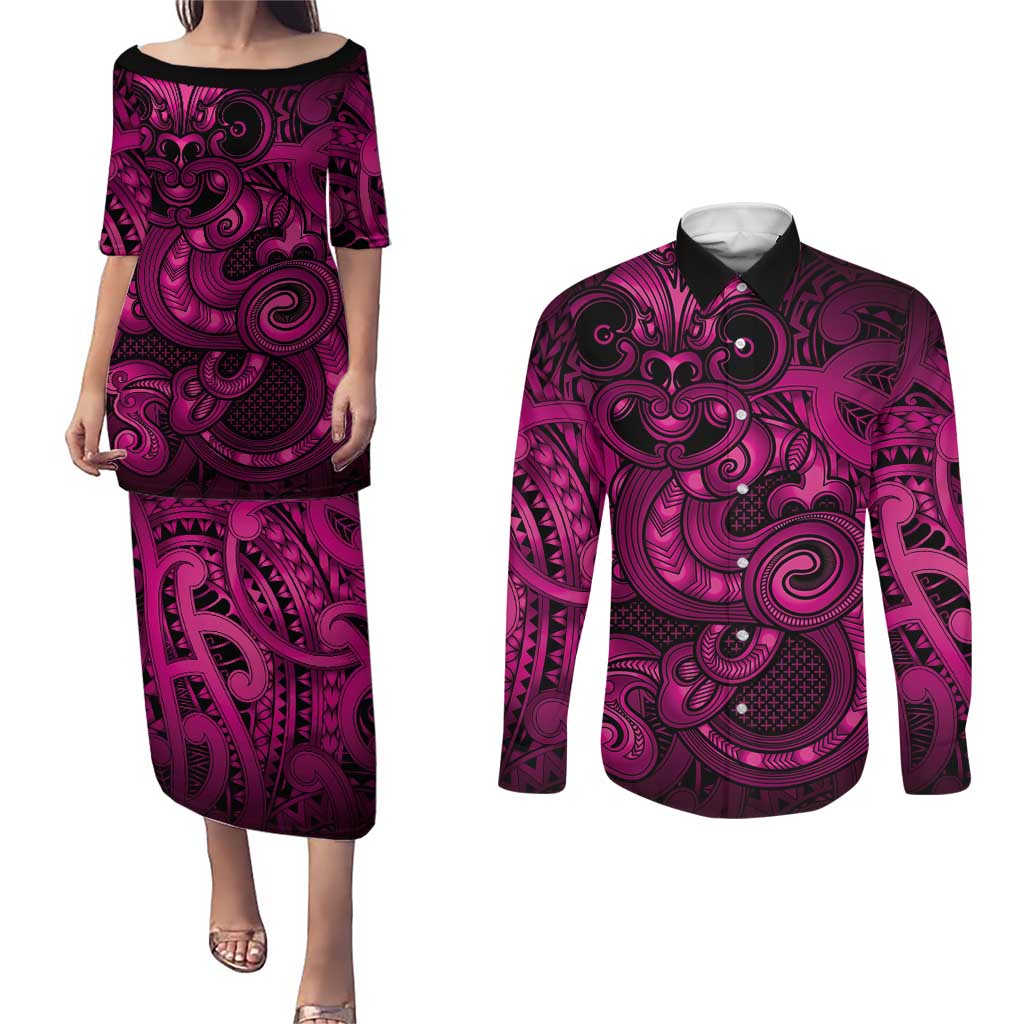 Aotearoa Maori Hei Tiki Couples Matching Puletasi and Long Sleeve Button Shirt Mawhero Kowhaiwhai Puhoro Motif