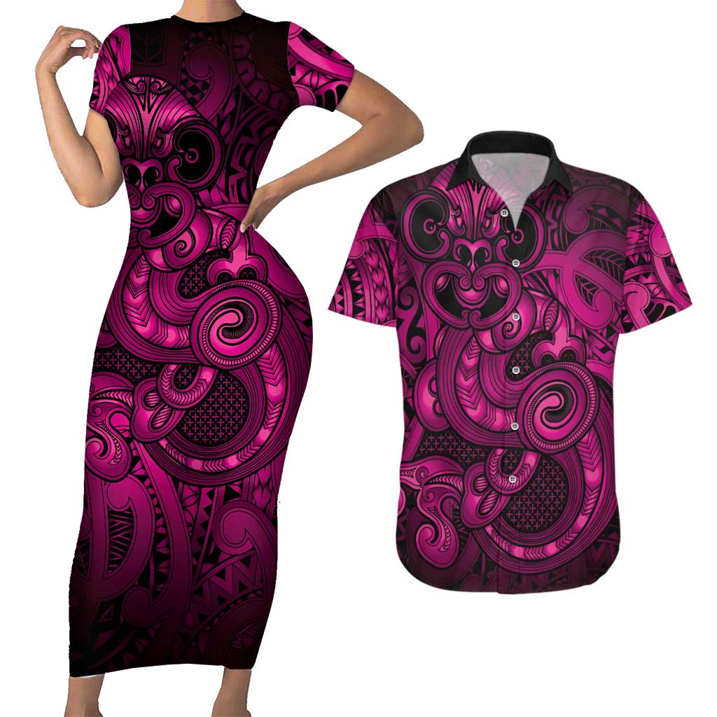 Aotearoa Maori Hei Tiki Couples Matching Short Sleeve Bodycon Dress and Hawaiian Shirt Mawhero Kowhaiwhai Puhoro Motif