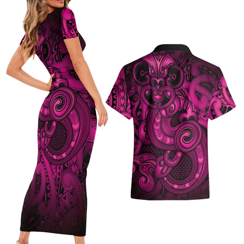Aotearoa Maori Hei Tiki Couples Matching Short Sleeve Bodycon Dress and Hawaiian Shirt Mawhero Kowhaiwhai Puhoro Motif