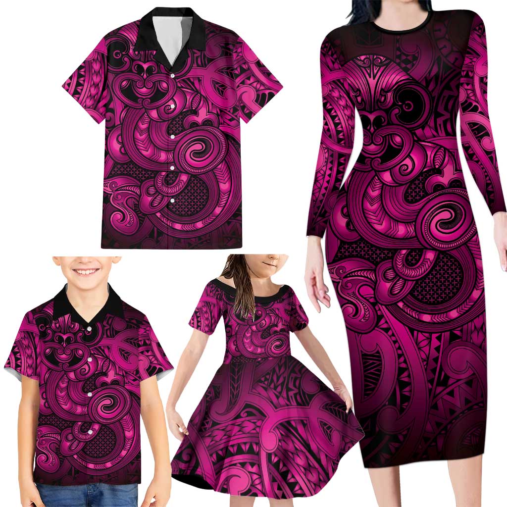 Aotearoa Maori Hei Tiki Family Matching Long Sleeve Bodycon Dress and Hawaiian Shirt Mawhero Kowhaiwhai Puhoro Motif