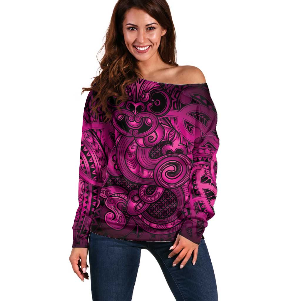 Aotearoa Maori Hei Tiki Off Shoulder Sweater Mawhero Kowhaiwhai Puhoro Motif