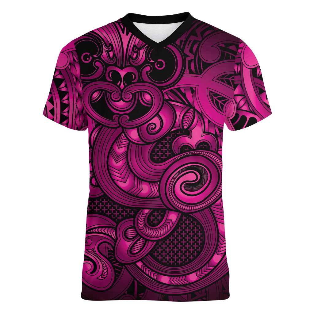 Aotearoa Maori Hei Tiki Women V-Neck T-Shirt Mawhero Kowhaiwhai Puhoro Motif