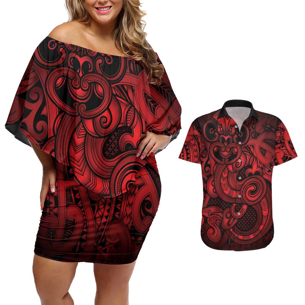 Aotearoa Maori Hei Tiki Couples Matching Off Shoulder Short Dress and Hawaiian Shirt Whero Kowhaiwhai Puhoro Motif
