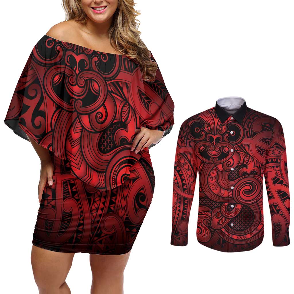 Aotearoa Maori Hei Tiki Couples Matching Off Shoulder Short Dress and Long Sleeve Button Shirt Whero Kowhaiwhai Puhoro Motif LT9 Red - Polynesian Pride