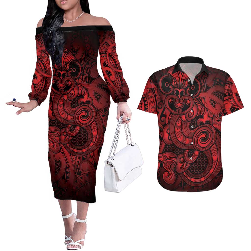 Aotearoa Maori Hei Tiki Couples Matching Off The Shoulder Long Sleeve Dress and Hawaiian Shirt Whero Kowhaiwhai Puhoro Motif