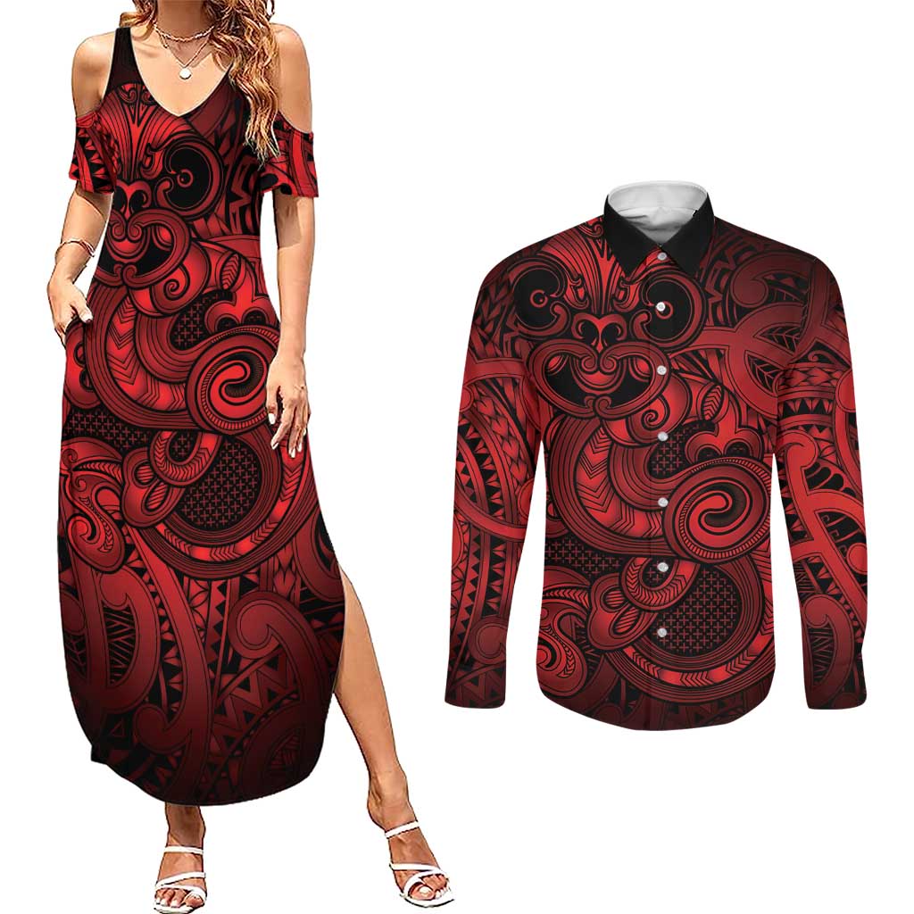 Aotearoa Maori Hei Tiki Couples Matching Summer Maxi Dress and Long Sleeve Button Shirt Whero Kowhaiwhai Puhoro Motif