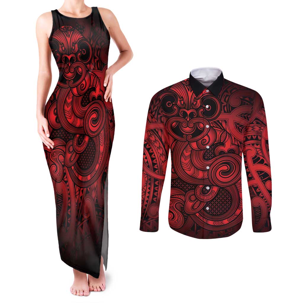 Aotearoa Maori Hei Tiki Couples Matching Tank Maxi Dress and Long Sleeve Button Shirt Whero Kowhaiwhai Puhoro Motif