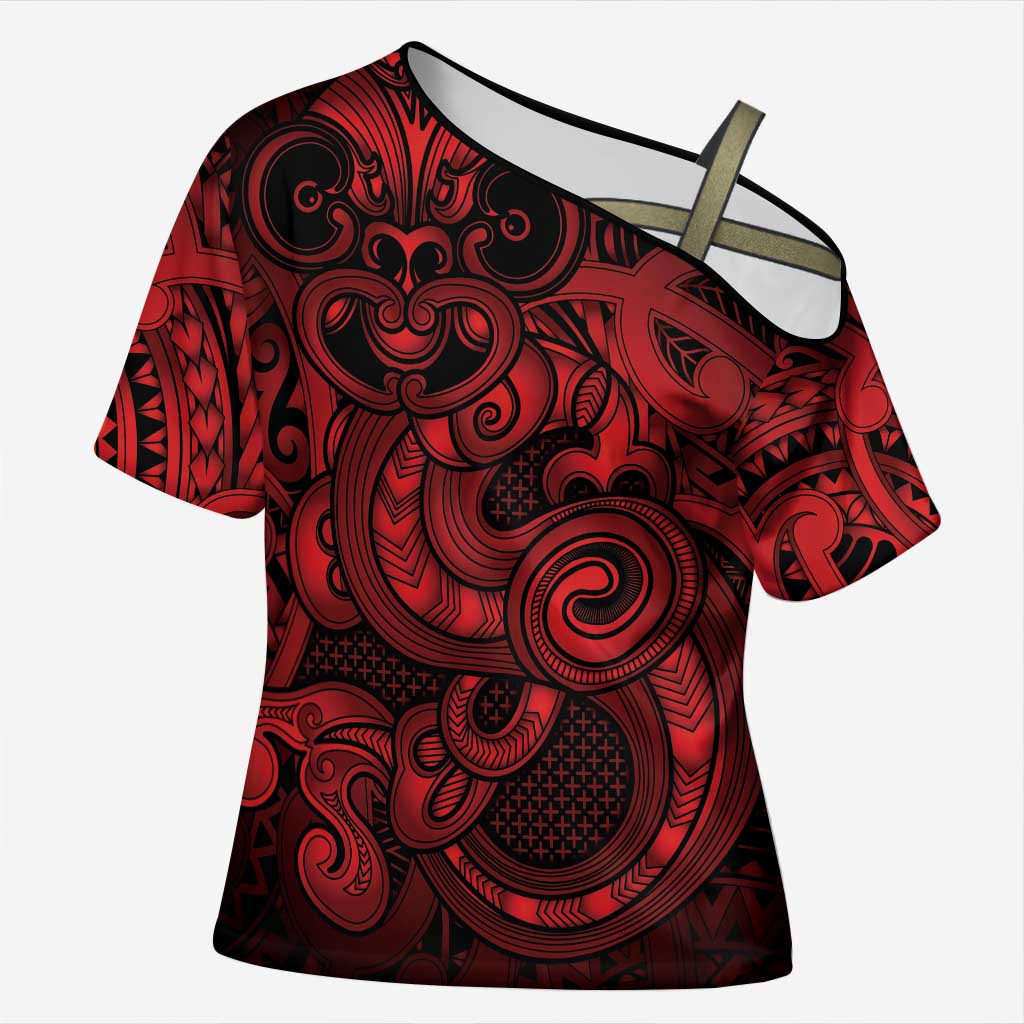 Aotearoa Maori Hei Tiki Cross Shoulder Shirt Whero Kowhaiwhai Puhoro Motif