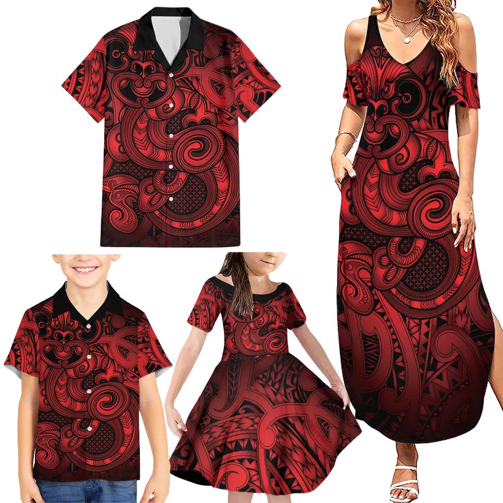 Aotearoa Maori Hei Tiki Family Matching Summer Maxi Dress and Hawaiian Shirt Whero Kowhaiwhai Puhoro Motif
