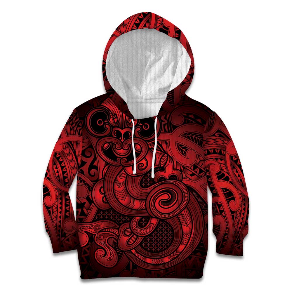 Aotearoa Maori Hei Tiki Kid Hoodie Whero Kowhaiwhai Puhoro Motif