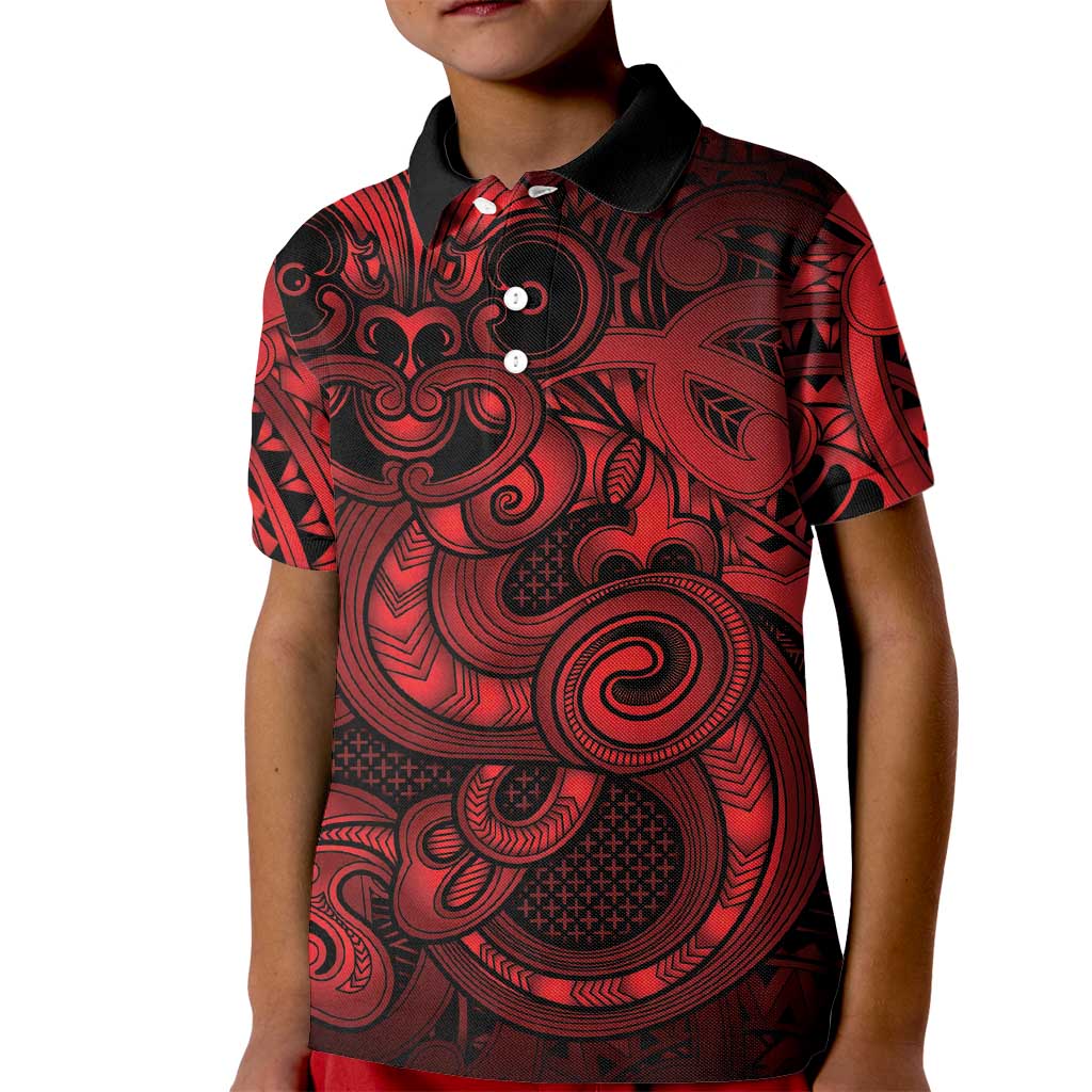 Aotearoa Maori Hei Tiki Kid Polo Shirt Whero Kowhaiwhai Puhoro Motif