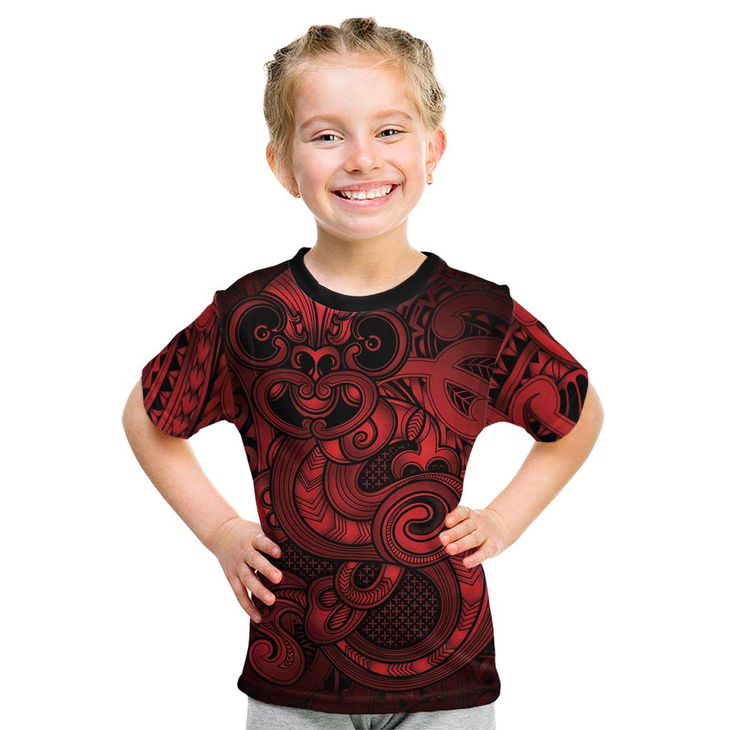 Aotearoa Maori Hei Tiki Kid T Shirt Whero Kowhaiwhai Puhoro Motif