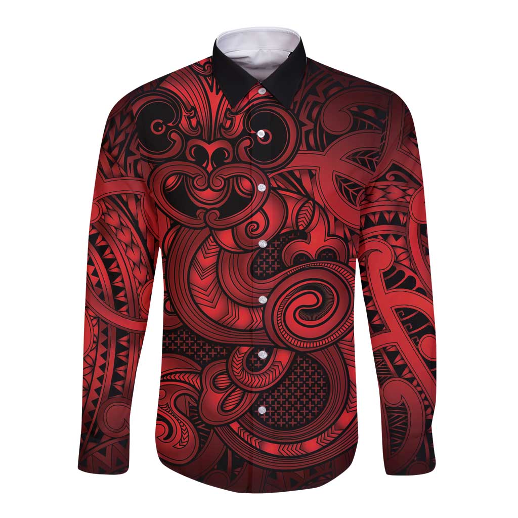 Aotearoa Maori Hei Tiki Long Sleeve Button Shirt Whero Kowhaiwhai Puhoro Motif