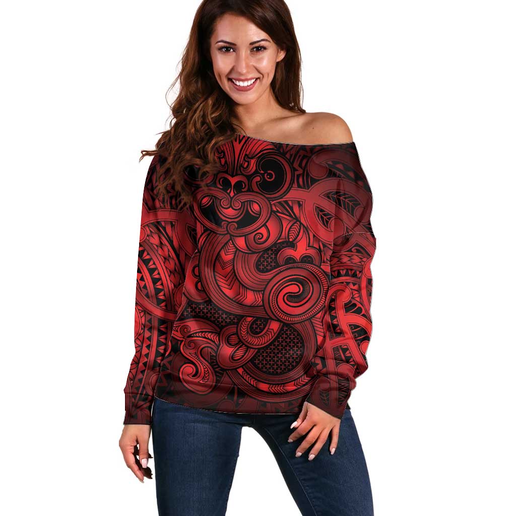 Aotearoa Maori Hei Tiki Off Shoulder Sweater Whero Kowhaiwhai Puhoro Motif