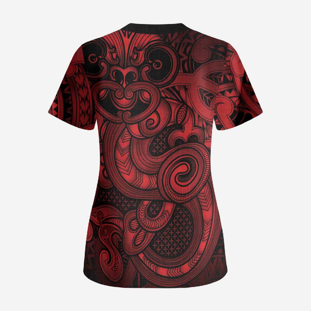Aotearoa Maori Hei Tiki Scrub Top Whero Kowhaiwhai Puhoro Motif