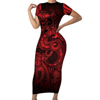 Aotearoa Maori Hei Tiki Short Sleeve Bodycon Dress Whero Kowhaiwhai Puhoro Motif